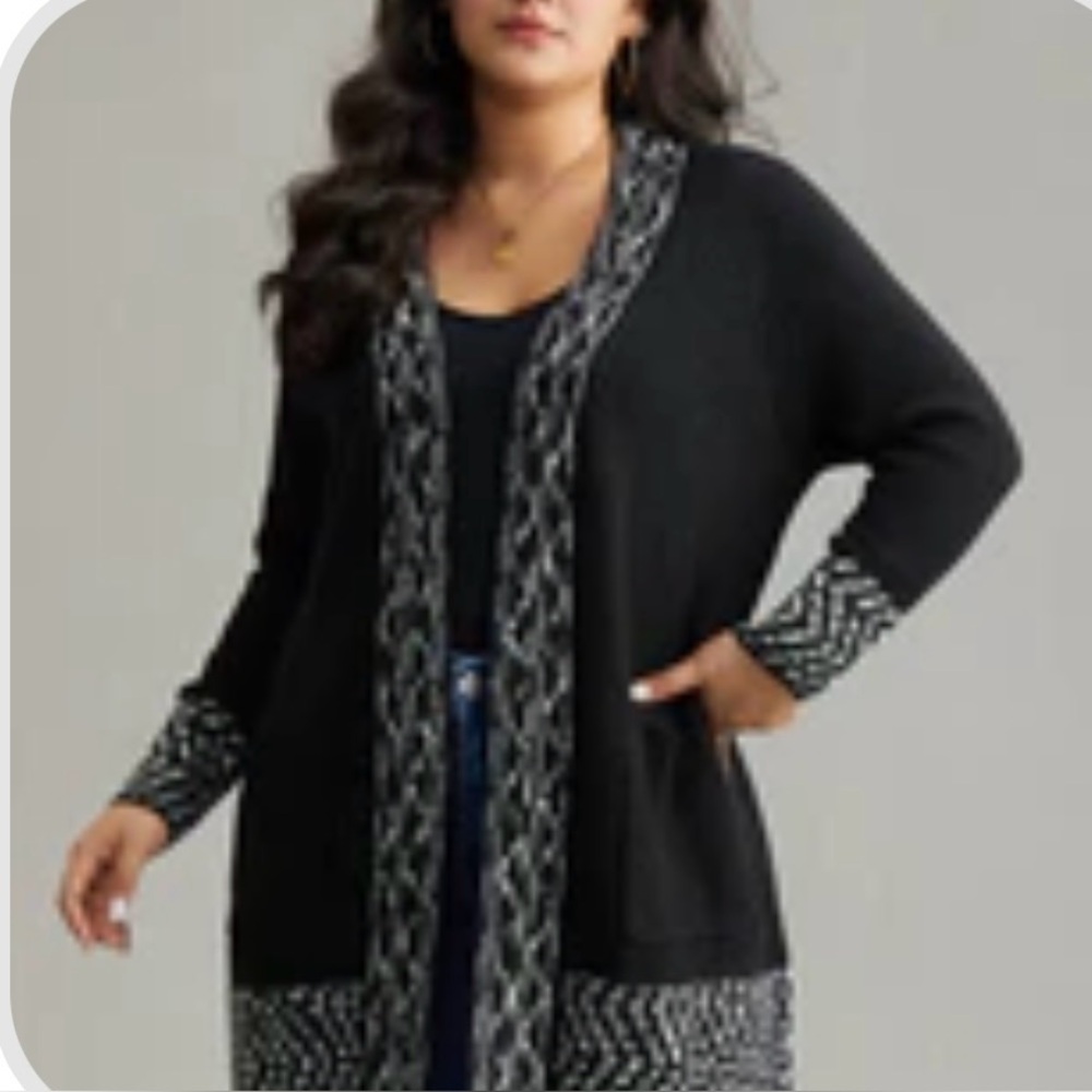 Women's Black open cardigan with bandana style trim.
